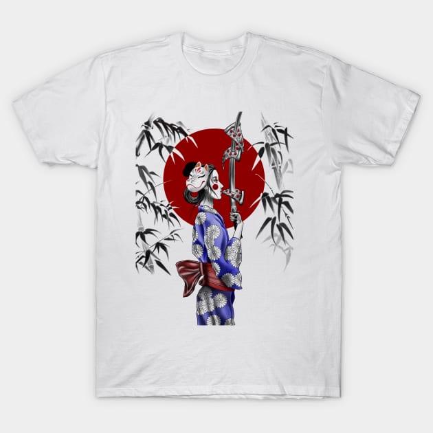 Japanese Geisha Eating NY Pizza with Samurai Sword T-Shirt by Tred85